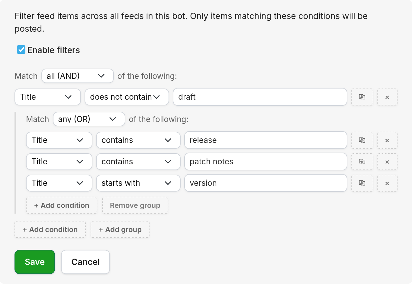 Feed filter editor showing conditions that match feed items by title