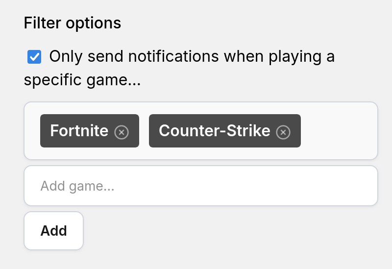 Twitch game filter configuration in the Readybot dashboard