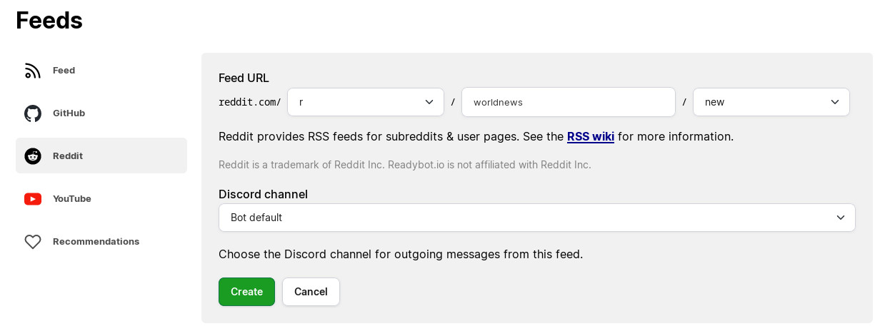 Readybot Feed Bot page showing the Add Feed dialog with a subreddit name