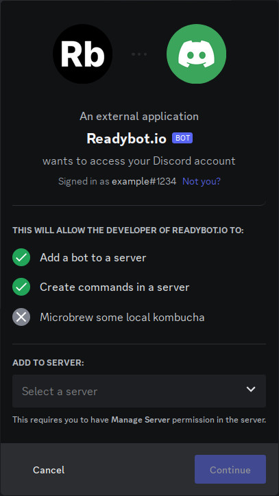 Discord showing the Readybot permission prompt to add the feed bot