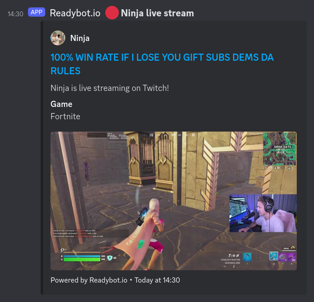 A Twitch live stream alert from Readybot posted in a Discord channel