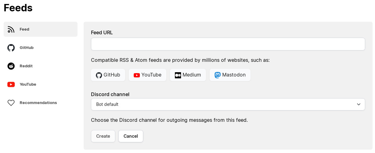 Readybot Feed Bot page showing the Add Feed dialog with an RSS feed URL