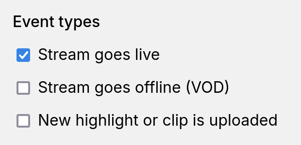Twitch event type options in the Readybot dashboard