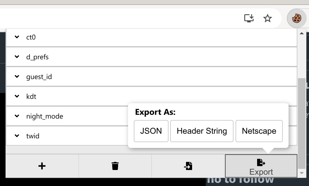 Cookie-Editor browser extension showing X.com cookies ready to export in JSON format