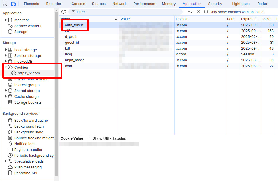 Google Chrome Developer Tools Application tab showing X.com authentication cookies