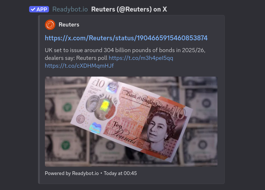 Screenshot of a X (Twitter) alert in Discord from Readybot.io
