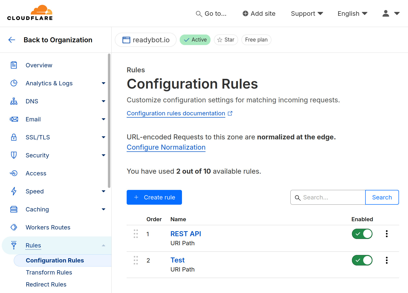 Cloudflare dashboard screenshot: Configuration Rules